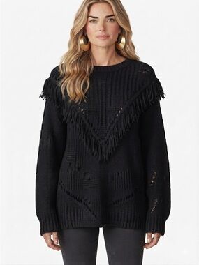 H&M Black Chunky Knit Sweater V Shaped Fringe Pullover Boho